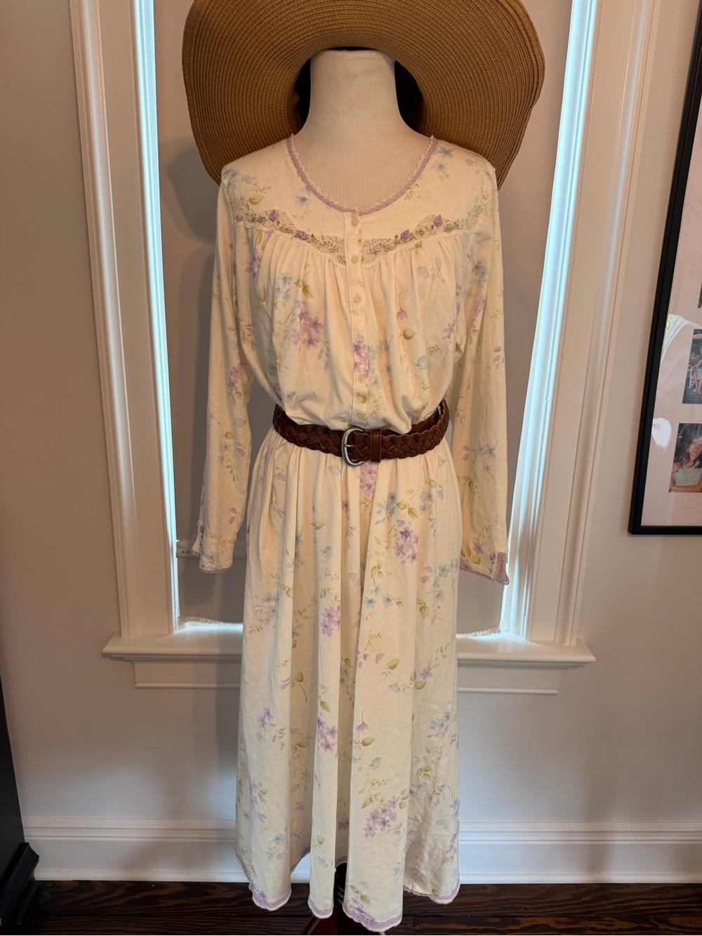 Women's vintage Cream Floral Long Nightgown with Lavender Trim - Picture 12 of 14